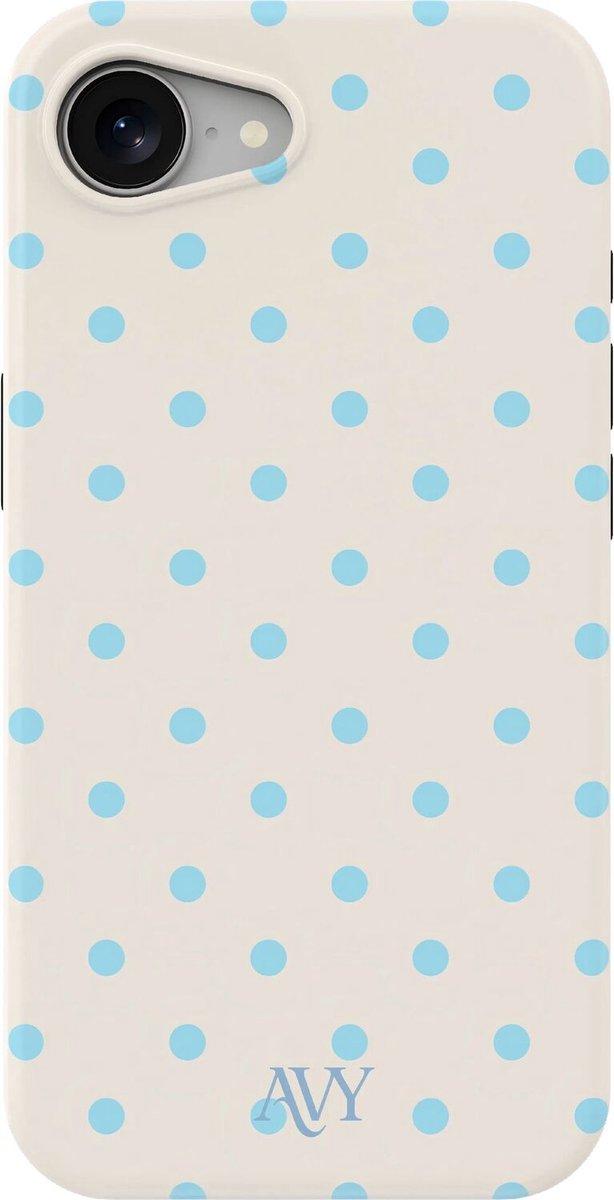 AVY Hoesje geschikt voor Apple iPhone 17e / 16e | Riviera Dots | Polka Dots | Beige & Blauw | Hard Shell Back Cover | Compatibel met MagSafe & Qi2