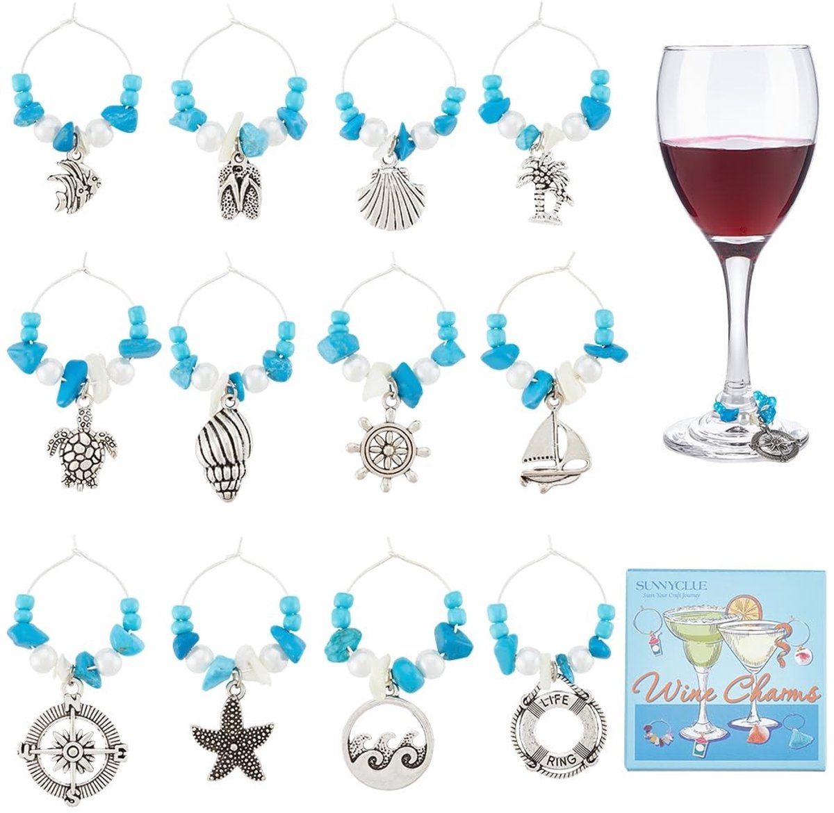 aladdien - Wijn Glas Charms - Drinken Naam Tags - Blauw - Oceaan Thema - Sieraden Maken - Geschikt voor Feestjes - 12 Stijlen
