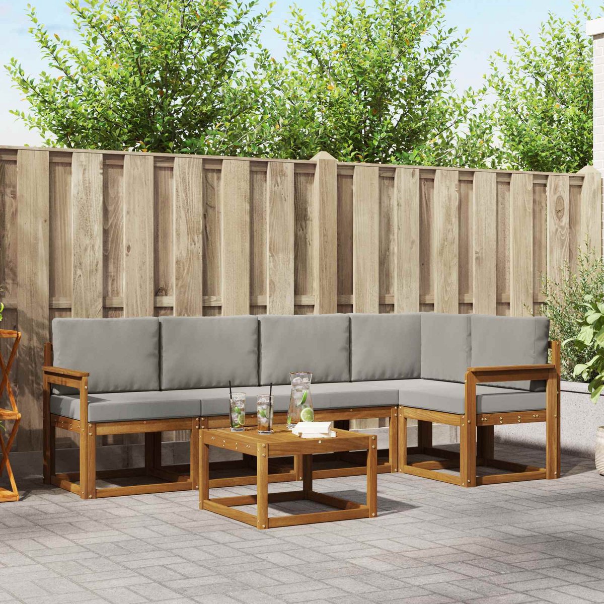 vidaXL Buiten - bank - set - 6 - st - 5-zits - Naturel - en - lichtgrijs Naturel en lichtgrijs
