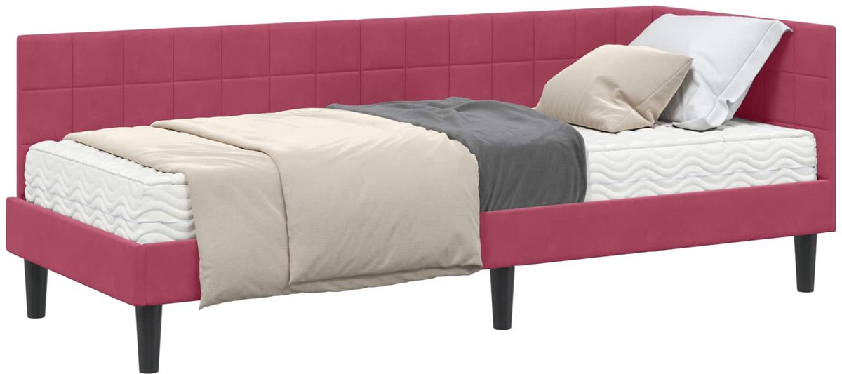 vidaXL Hoekbedframe - met - Matras - 2 - st - Wijnrood - 80 - x - 200 - cm - Fluweel
