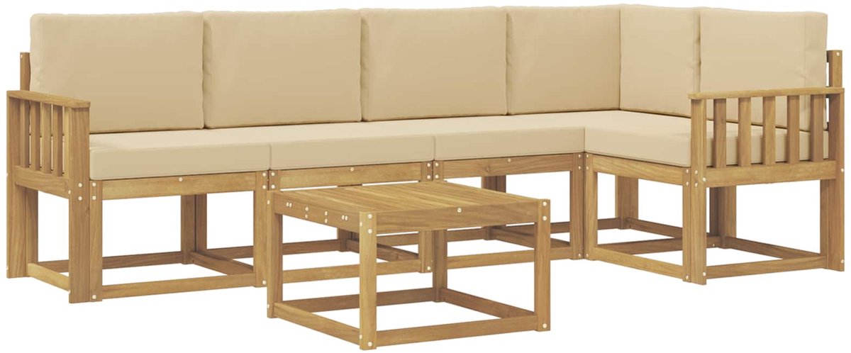 vidaXL Buiten - bank - set - 6 - st - 5-zits - Wit - en - Beige - Massief - Acacia - Hout Wit en Beige