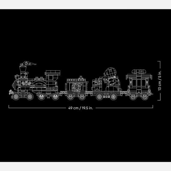 Schematische tekening van de LEGO Feestelijke Kersttrein met afmetingen 49 cm en 13 cm.
