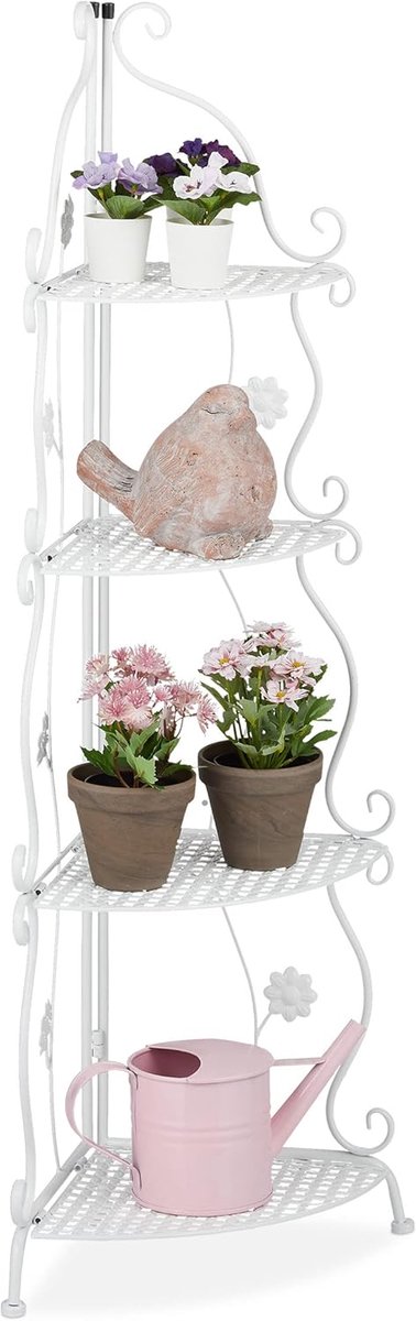 Famanu – Hoek plantenrek met 4 etages voor binnen en buiten, metaal, afmetingen 113,5 x 31 x 31 cm, decoratieve plantentrap in wit