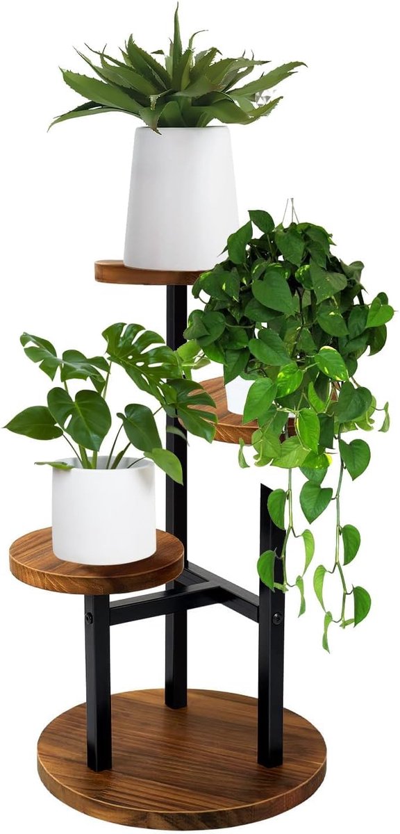 Famanu – 3-laags plantenstandaard van 54 cm, hoge metalen en houten plankhouder voor binnen en buiten, ideaal voor hoekruimtes