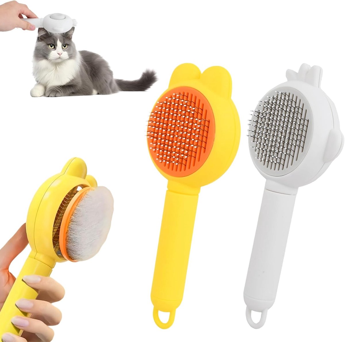 VHV-Hondenborstel - Kattenborstel - Dierenborstel - Zelfreinigende borstel - Set van 2 - Met één klik reiniging - Voor lange en korte haren - Voor honden en katten - Vachtverzorging - Wit/Geel