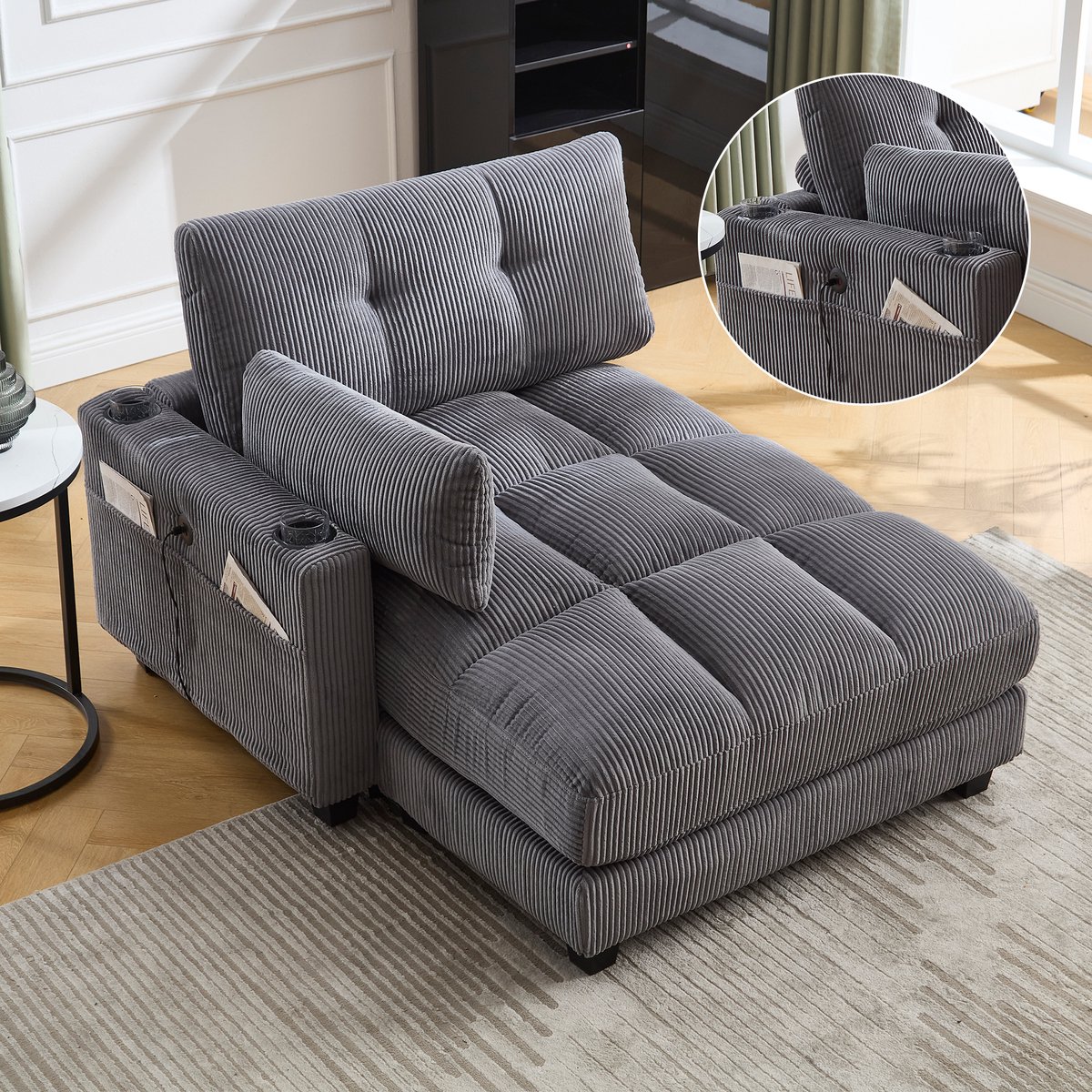 Fauteuil met palmbladmotief, zachte gestreepte kussens, armleuning met verrijdbare kussens, hoofdsteun, drie bekerhouders en een zijvak; geschikt voor zowel de woonkamer als de slaapkamer; grijs