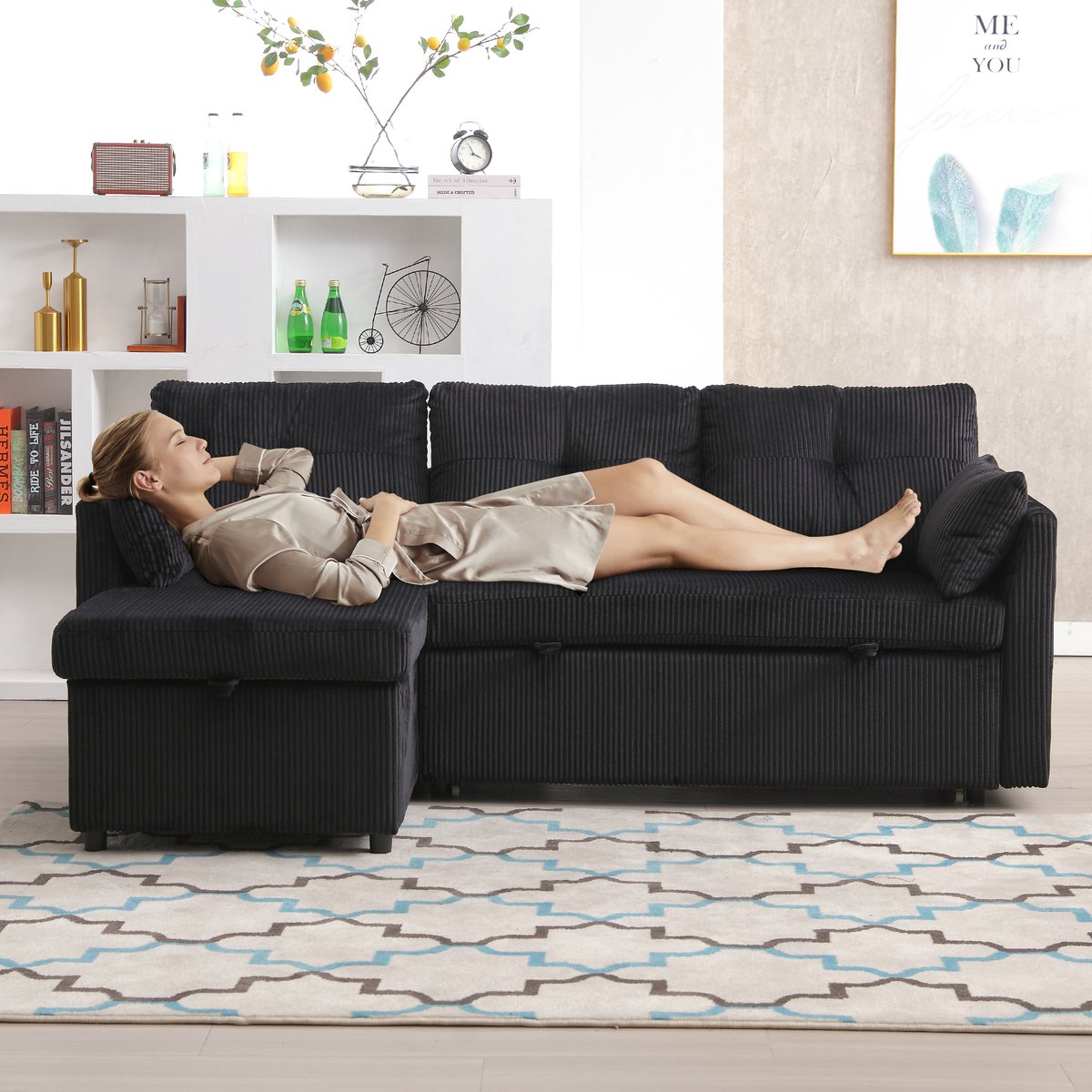 Multifunctionele slaapbank met opbergruimte en uitschuifbaar bed, chaise longue die kan worden omgebouwd tot slaapbank, hoekbank met opbergruimte in de zitgedeeltes, modulaire L-vormige bank, modulaire hoekbank voor de woonkamer