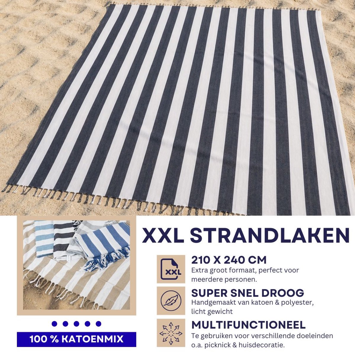 Luxe XXL 240 x 210 cm Hamamdoek- XXL Groot Vakantie Strandlaken -tweepersoons Strandkleed - Katoenmix - Zwart Wit gestreept - aesthetic- Sneldrogende Strandlakens - Bedsprei extra groot