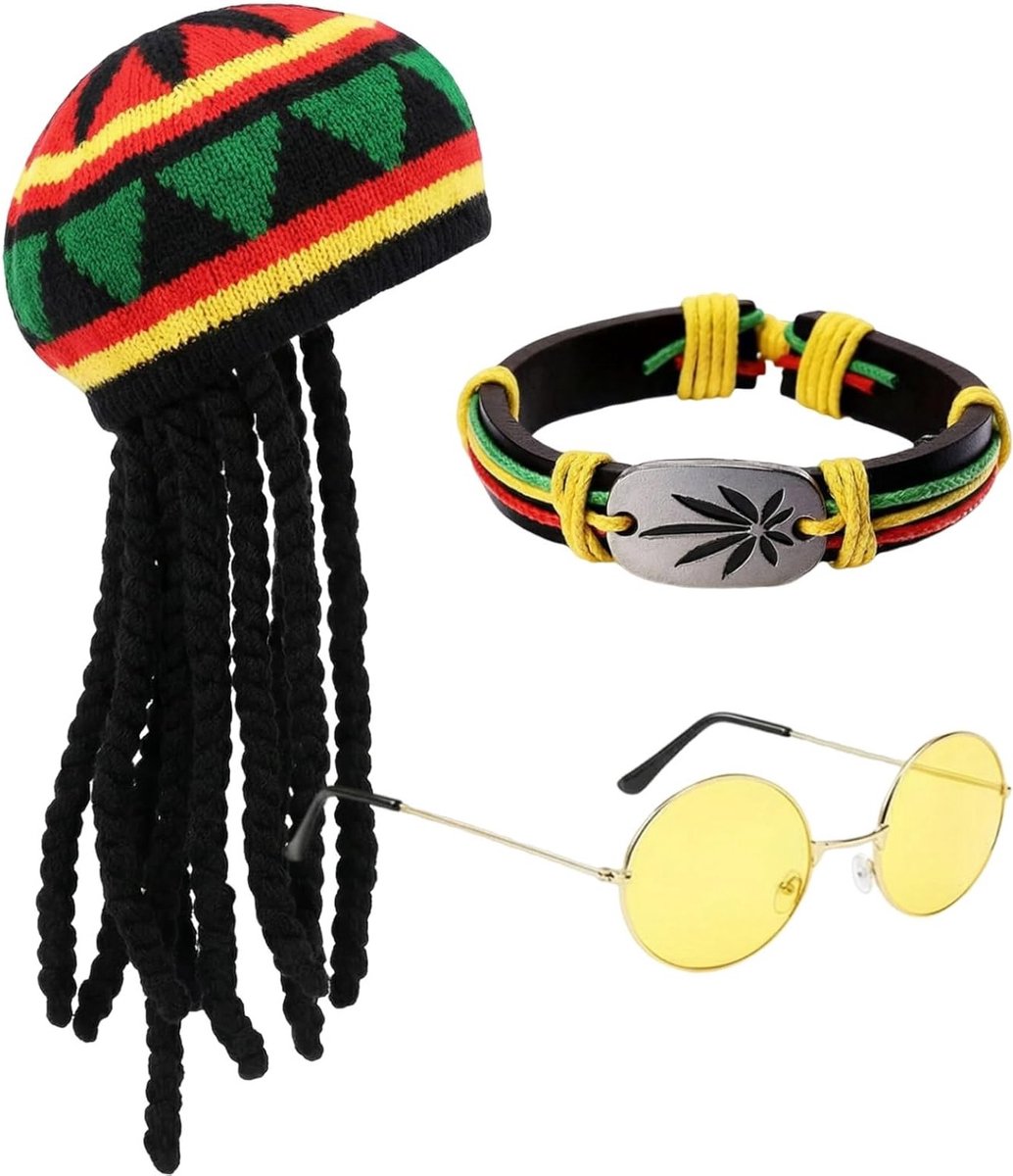 Driedelige Dreadlocks Set met Hoed en Bril voor Volwassenen - Perfect voor Carnaval, Cosplay en Themafeesten
