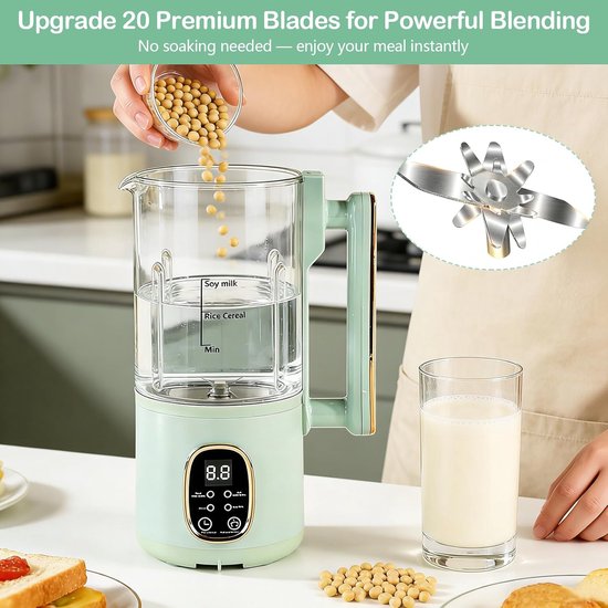 800 ml sojamelkmachine, noten- en sojamelkfabrikant met 20 messen, kijkvenster, smart menu's, automatische uitschakeling, warmhouden en zelfreiniging, voor doe-het-zelf plantenmelk — afbeelding 4