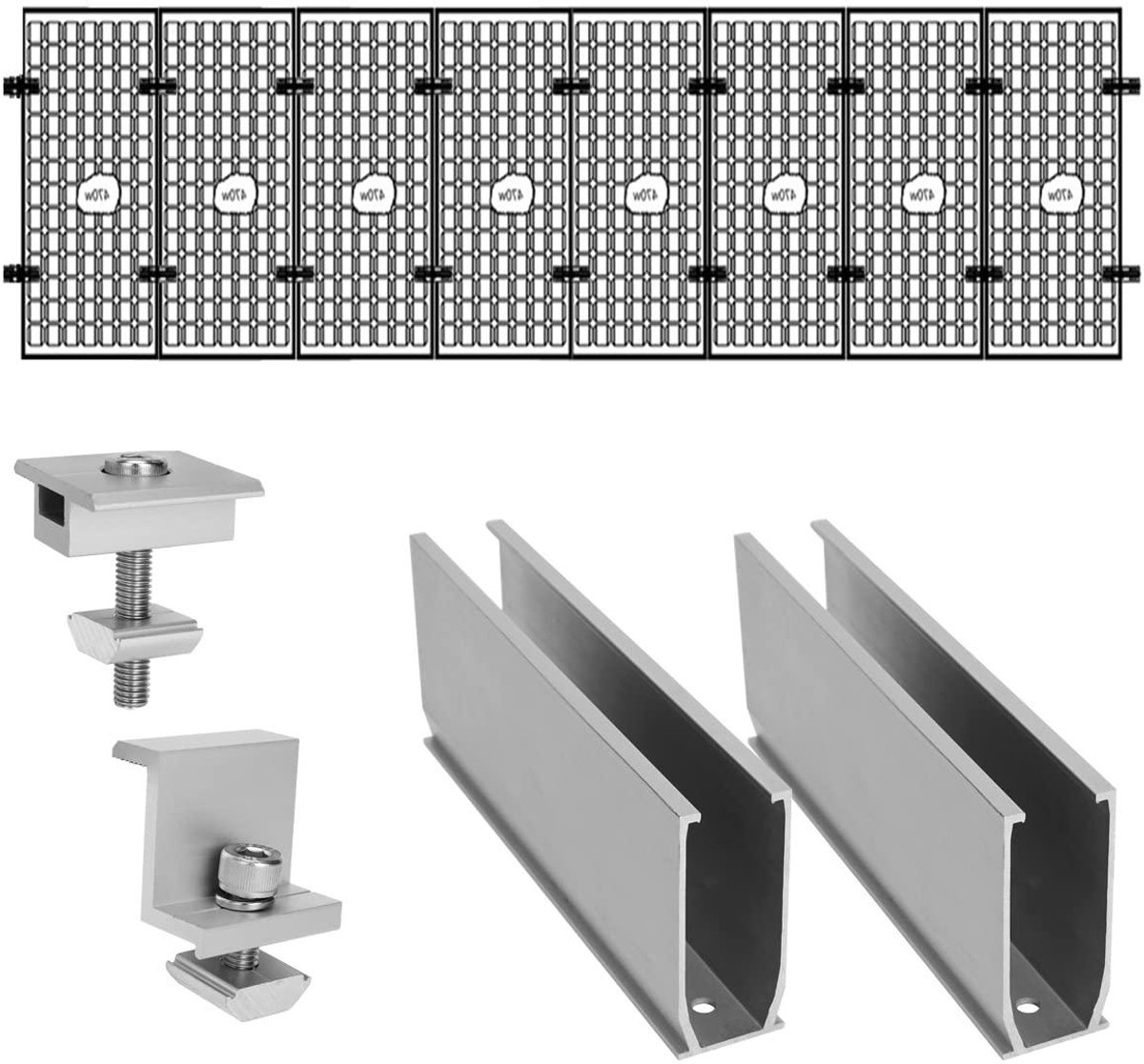 Bevestigingsset Zonnepanelen - Montageset PV Modules - Zonne-energie Installeren - Universeel Aanpasbaar - Voor 8 Modules - Aluminium