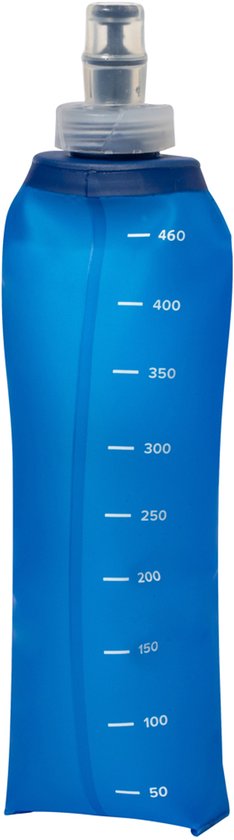 Blauwe opvouwbare waterfles met maataanduidingen tot 460 ml.