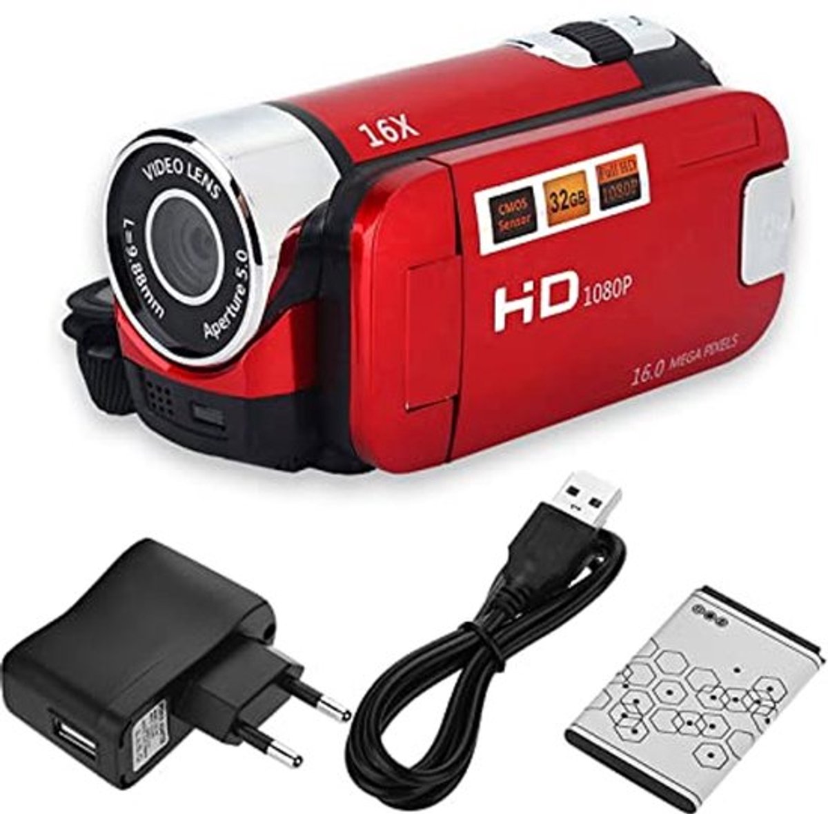 Draagbare videocamera met vlogfunctie, FHD 16x digitale zoom, Full HD-rotatie, 16x high-definition camcorder, Tragbar DV-camera (rood)