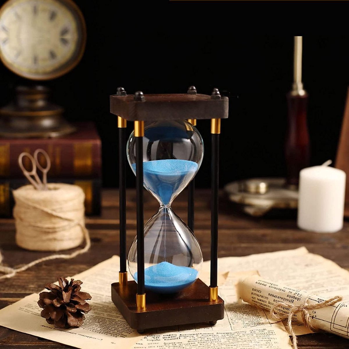 Zandloper Ornament - Uurglas Timer - Tijdmanagement Hulpmiddel - Houten Frame - 8.5x19 cm - Blauw