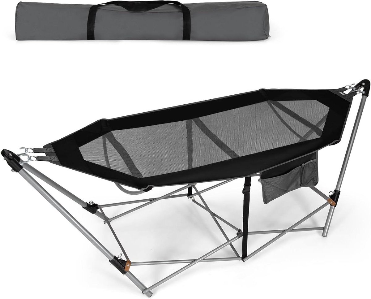 Tuinhangmat met Standaard - Hangstoel Campingstoel - Ontspannen Buiten - Inklapbaar Draagbaar - 227 x 82 x 89 cm - Zwart