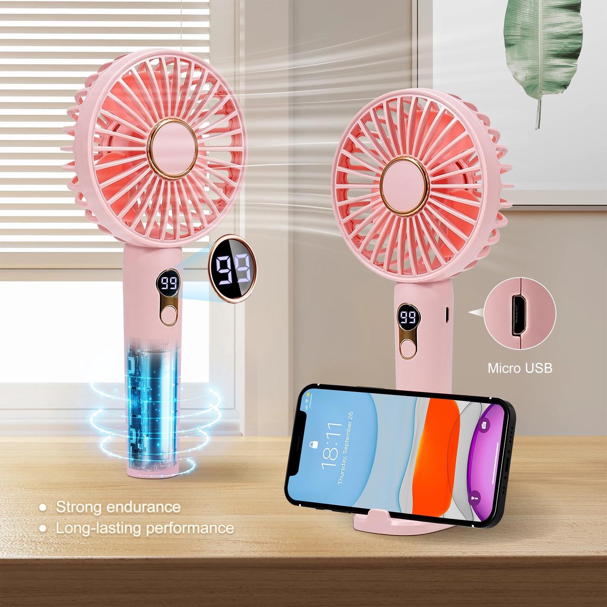 TRIXES HAC003 Draagbare Ventilator met USB Oplaadbare Batterij - 5 Snelheden, LED Display, Roze
