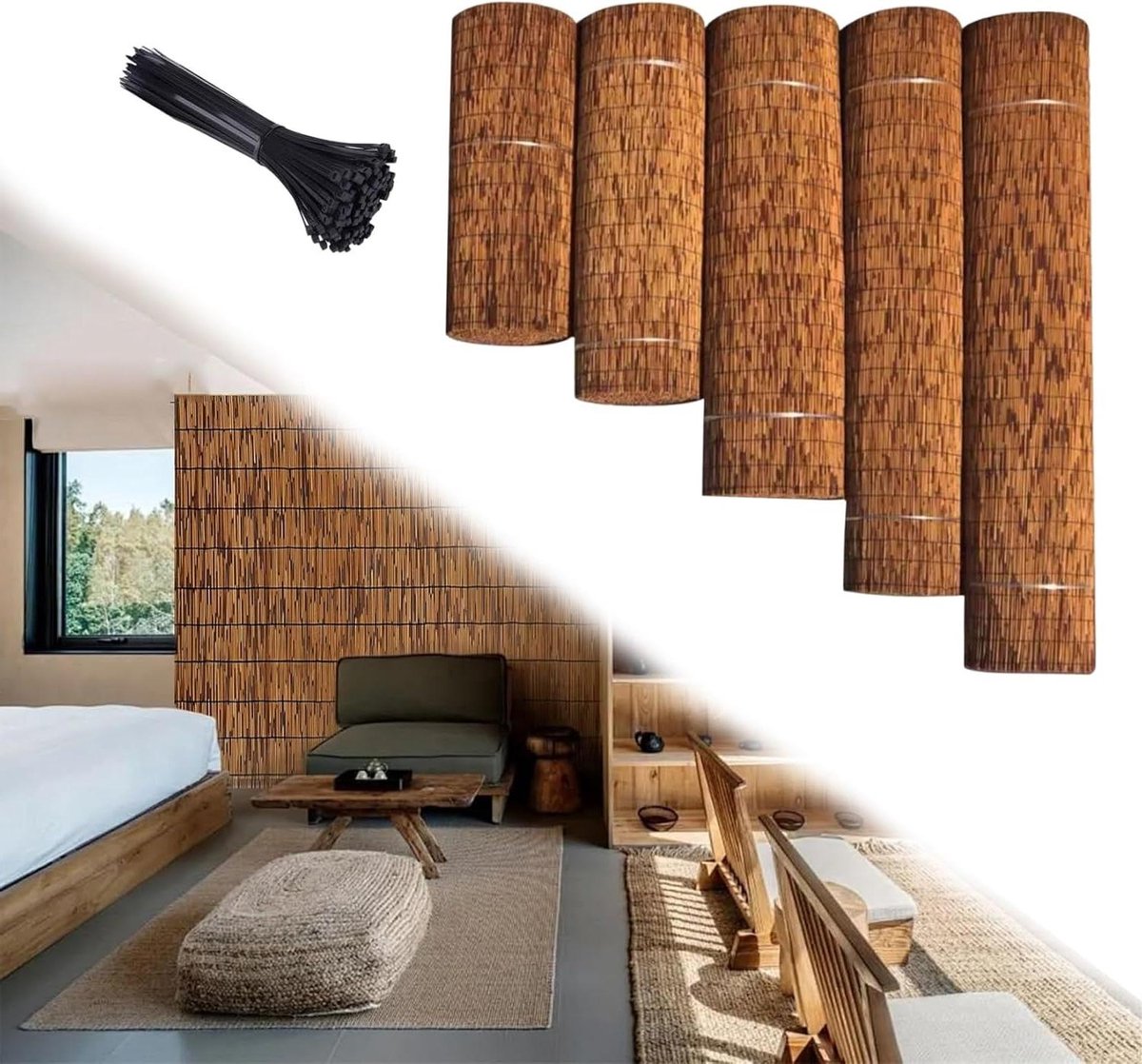 Natuurlijke Bamboe Schermen - Tuin Afscheiding - Privacy Creëren - Handgeweven Milieuvriendelijk - 100x600cm - Natuurlijk