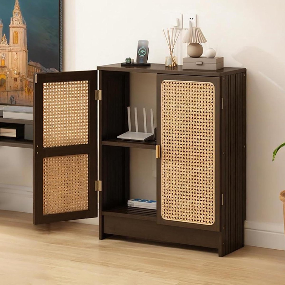 Router Opbergkast - WiFi Organizer - Ruimte Ordenen - Ademend Ontwerp - 70 x 60 cm - Walnoot