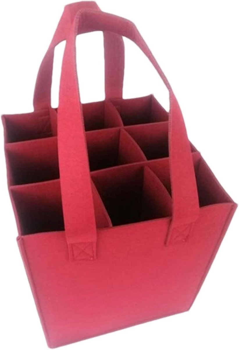 Wijntas - Flessendrager - Veilig transport - 9 Flessen capaciteit - 24x24x28 cm - Rood