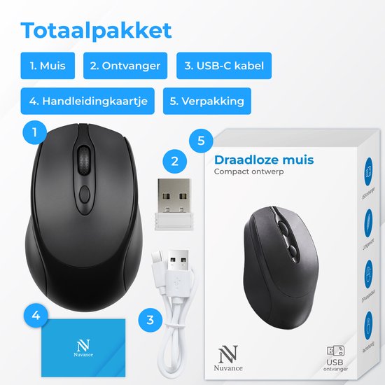 Nuvance Draadloze Muis - Bluetooth Muis - Muis Draadloos - Ergonomische Muis Rechtshandig & Linkshandig - Stil - Computermuis