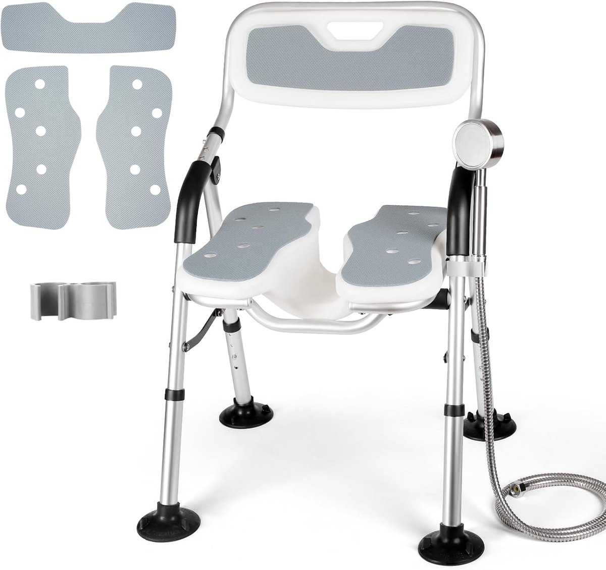 DEWEL Shower Chair For Elderly People With Groove, Backrest And Armrests, Foldable Shower Chair For Elderly, No Assembly, Height Adjustable, Load 150kg (Grey)