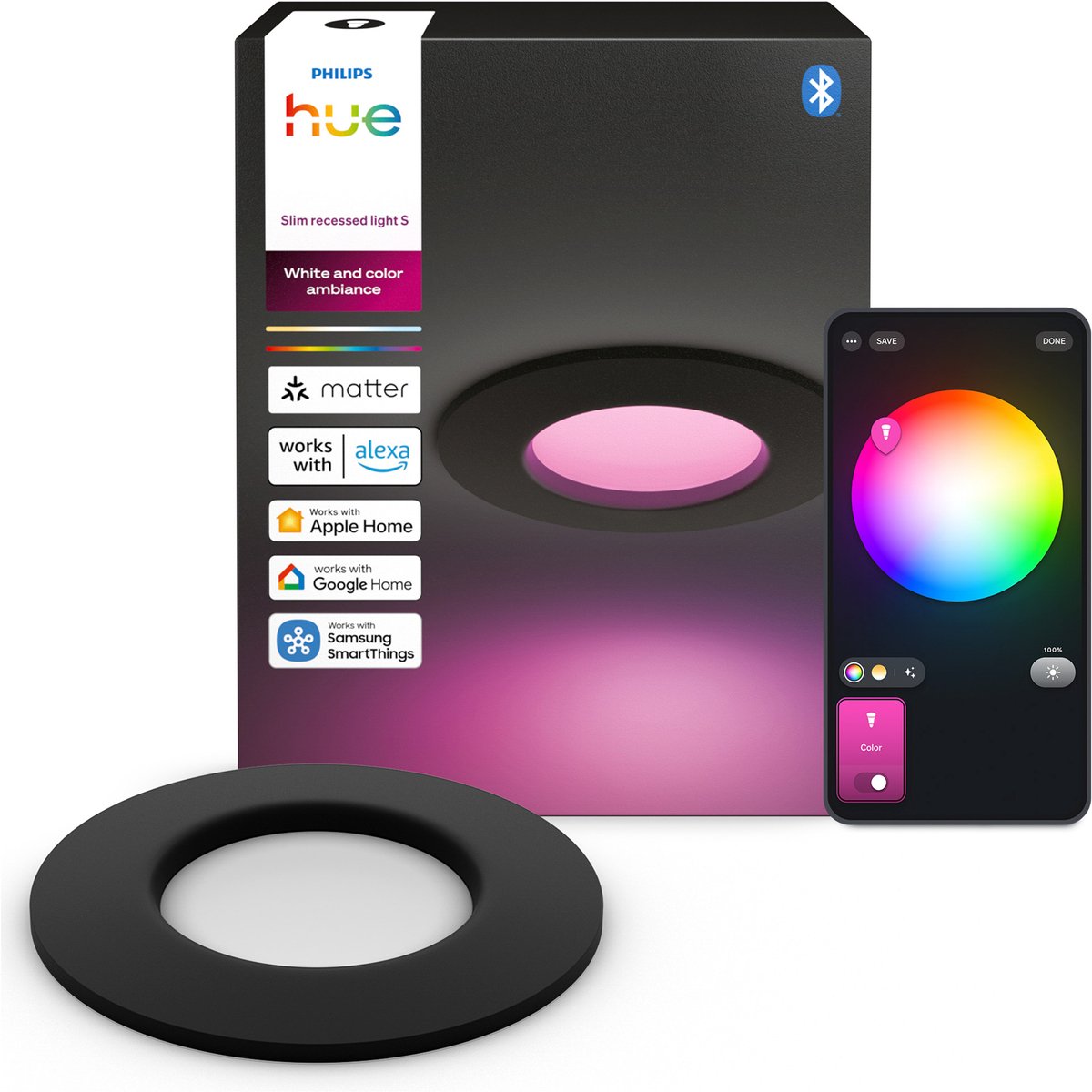 Philips Hue dunne LED inbouwspot - badkamerverlichting - GU10 fitting - bevat 1 inbouwspot - aanpasbaar wit en gekleurd licht - zwart - IP44: spatwaterdicht - Ø: 90mm - slimme verlichting