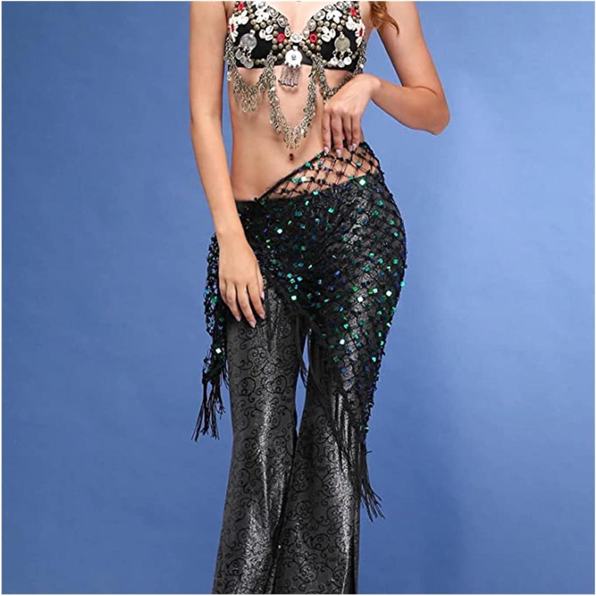 Buikdans Rok - Heup Sjaal - Dansen - Glitterende Pailletten - 150cm Breed - Groen Goud Zilver