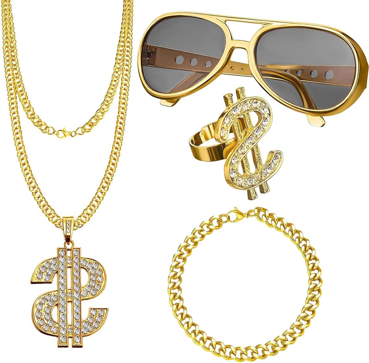 Dollar Necklace Set voor Hip Hop Kostuums, Accessoires met Dollar Sign Armbanden, Ringen en Gouden Ketting voor Feestjes en Carnavals, Perfect voor 80s en 90s Stijl