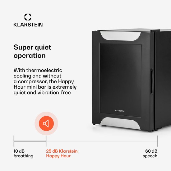 Klarstein Minibar minikoelkast voor kamers, 33 liter minikoelkast voor drankjes en cosmetica, kleine , kleine en stille koelkast, verstelbaar schap, kleine huidverzorgingskoelkast 5-15 °C - 25 dB - voor Hotelkamer voor Partykelder - Compact van Klarstein — afbeelding 4