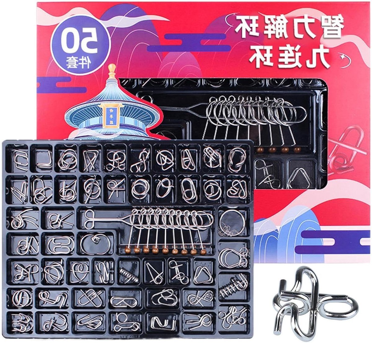 Metalen Puzzelspel - Hersenkraker Puzzel - Mentale Training - 50 Unieke Puzzels - 41 x 31 cm - Metaal