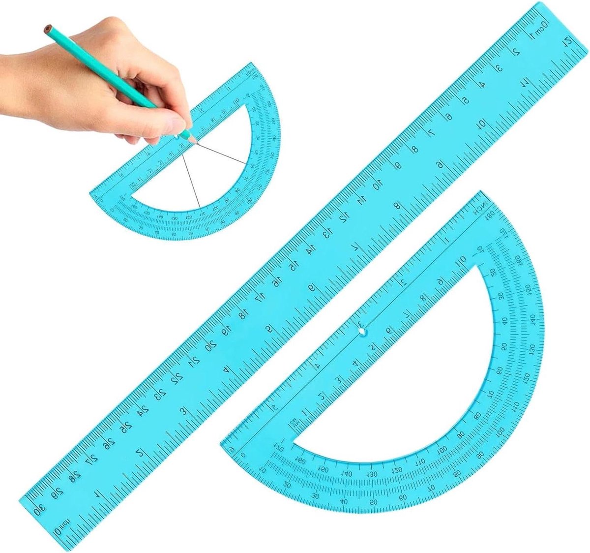 Liniaal en gradenboog set - Geometrie set - Wiskunde leren - Helder transparant ontwerp - 30 cm liniaal - Blauw