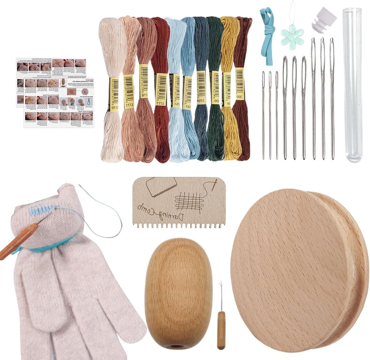 Sokken stopgereedschap - Reparatieset textiel - Kleding herstellen - Inclusief 10 kleuren garen - 18 x 18 x 4 cm