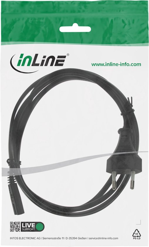InLine Euro netsnoer C7 stroomkabel - 0,3m zwart - 250V/2,5A/625W