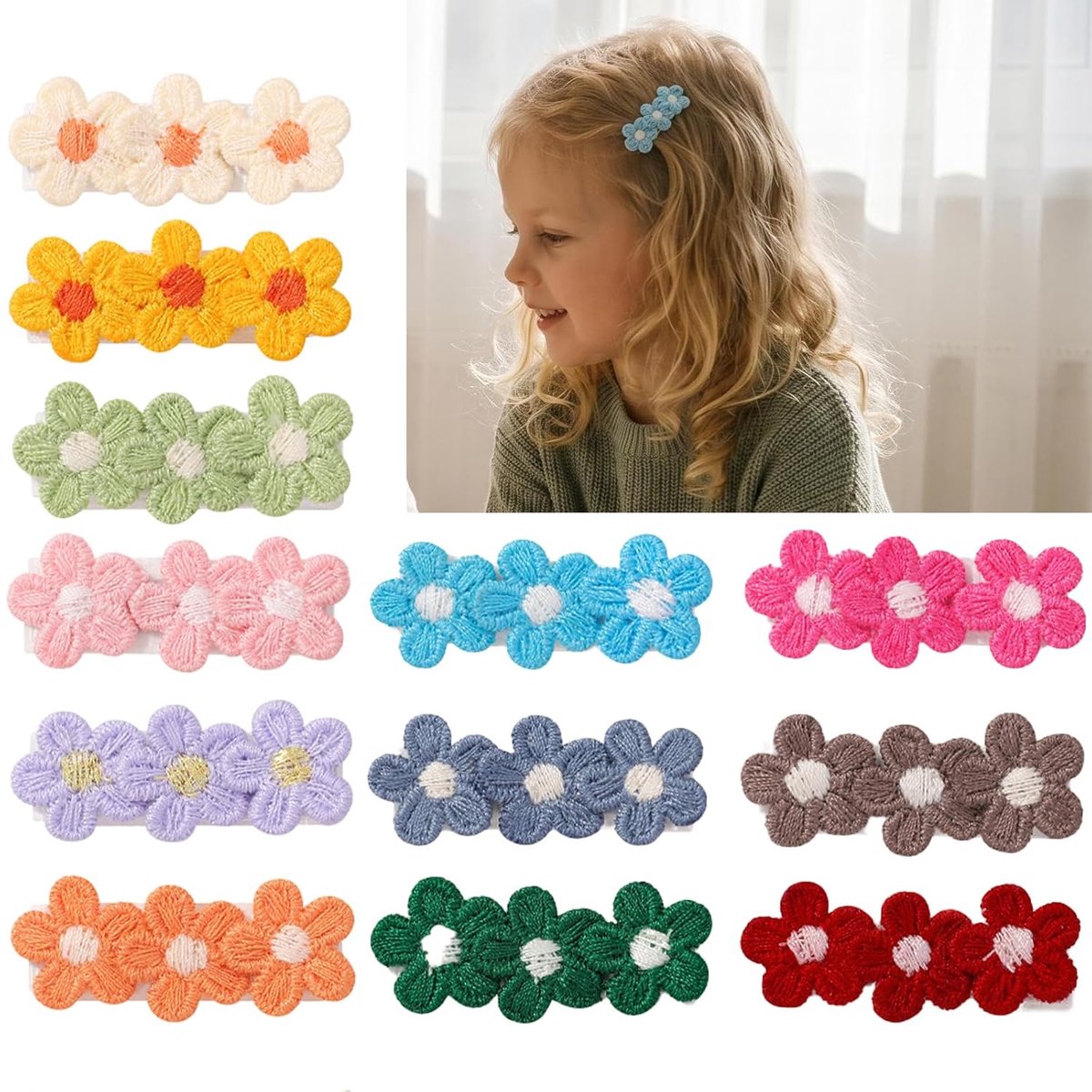 Babyhaarclips - 12 mini-haarclips, gevoerd met zachte stof, bloemmotief, geschikt voor kinderen.