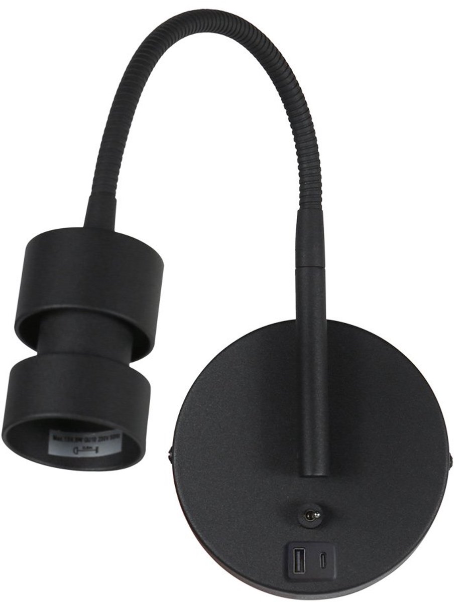 Wandlamp Mexlite Upround 3517ZW zwart met metaal, kantelbare arm en 2 x USB oplaadpunten, stijlvolle verlichting voor binnen