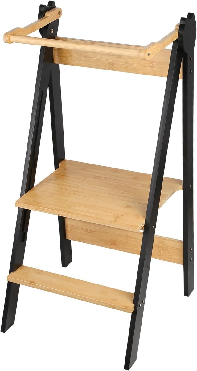 Montessori Leertoren - Opstap Toren - Kinderen Leren - Opvouwbaar Ontwerp - 88 x 45 x 45 cm - Bamboe-zwart