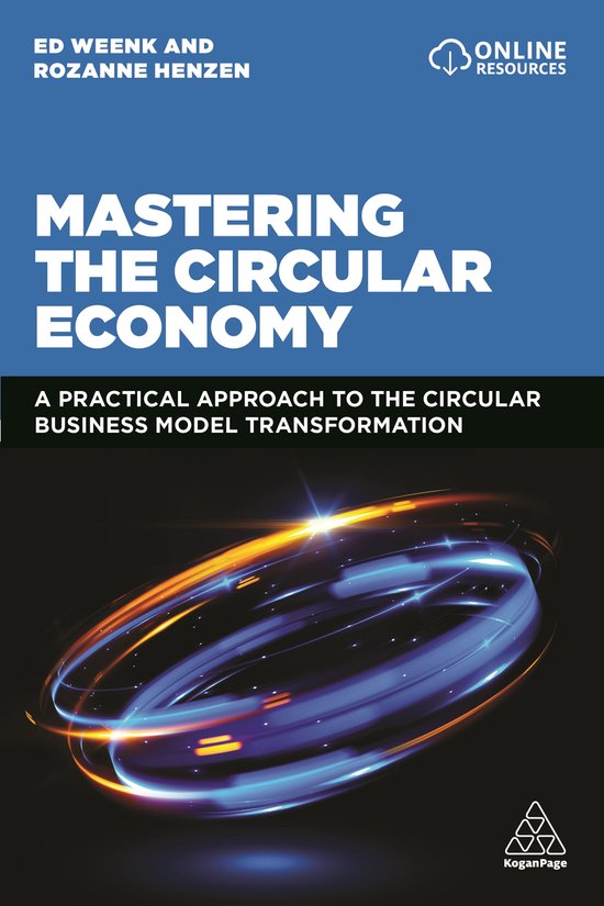 Boek 'Mastering the Circular Economy' met tekst en een blauw-oranje cirkelvormige gloed.