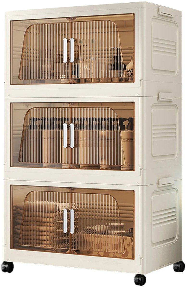 HomeGoodies - Opbergbox op wielen- 3-laags opvouwbaar opbergsysteem - Dubbele opening - Transparante deuren – 40x25x89cm – Beige