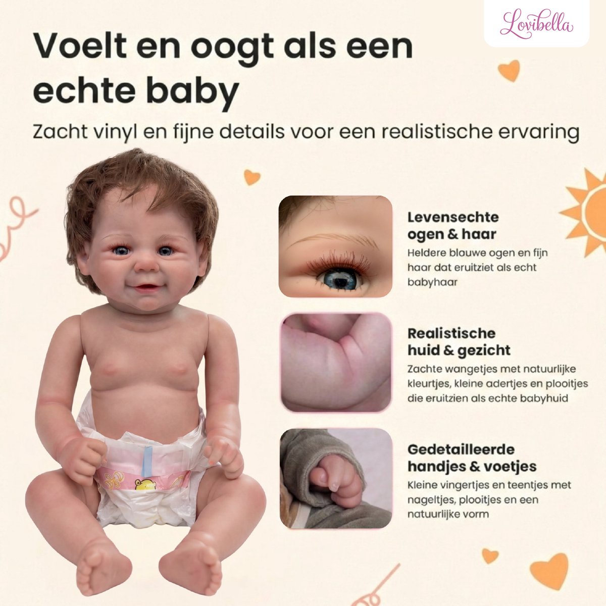 Lovibella® Noah Reborn Baby Pop Meisje - Levensechte Babypoppen - Dementie poppen - 45 cm - Complete Accessoires Set - Realistische Poppen - Zoals Echt - Zacht Vinyl - Doll Speelgoed 3 Jaar — afbeelding 3