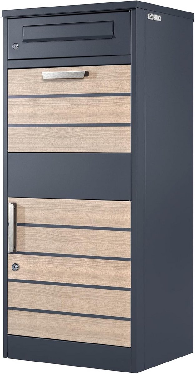 Zelsius Terra letterbox with parcel compartment, powder-coated steel with wood look elements, RAL7016 anthracite, integrated retrieval block, floor mounting, parcel box, parcel box, parcel box,