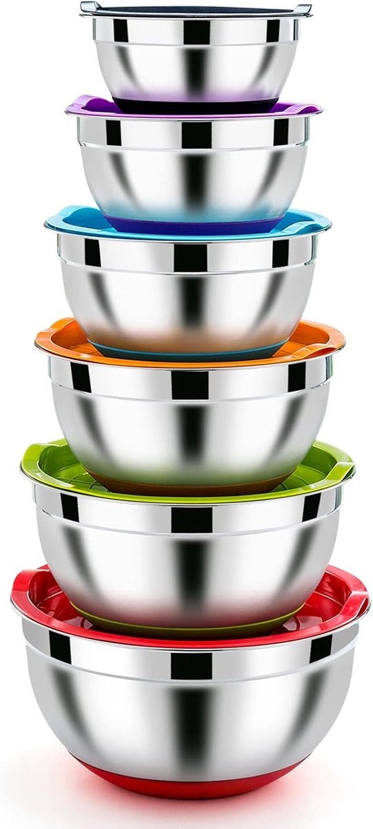 Mixkommen set van roestvrij staal, 6 stapelbare kommen met luchtdichte deksel en siliconen basis, vaatwasserbestendig, diverse maten van 0.7 L tot 4.6 L