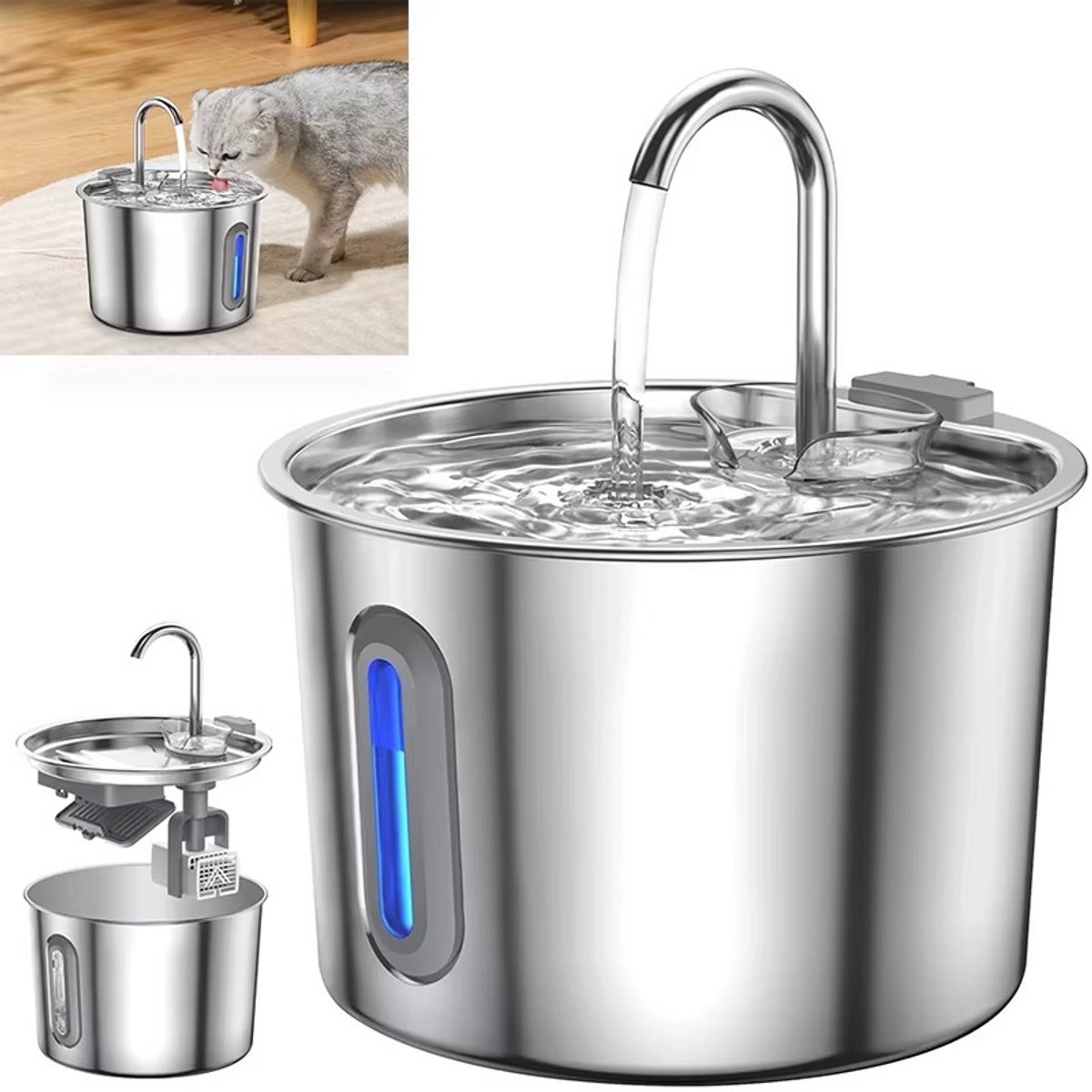 JOYNEXTBUY - Kattenfontein 2,2L – Drinkfontein Kat & Hond – Waterbak met 3-voudig Filter - LED en Stille Pomp - Efficiënt filtersysteem - RVS