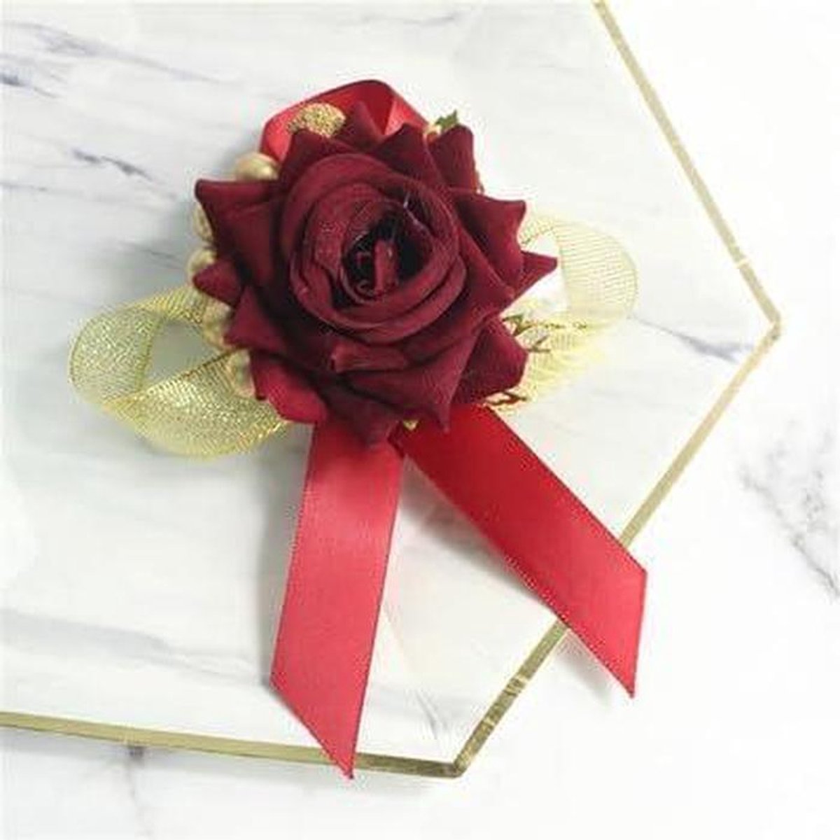 Pols Corsage - Bruiloft Armband - Feestelijke Gelegenheid - Zijde Bloemen - 9x12cm - Bordeaux