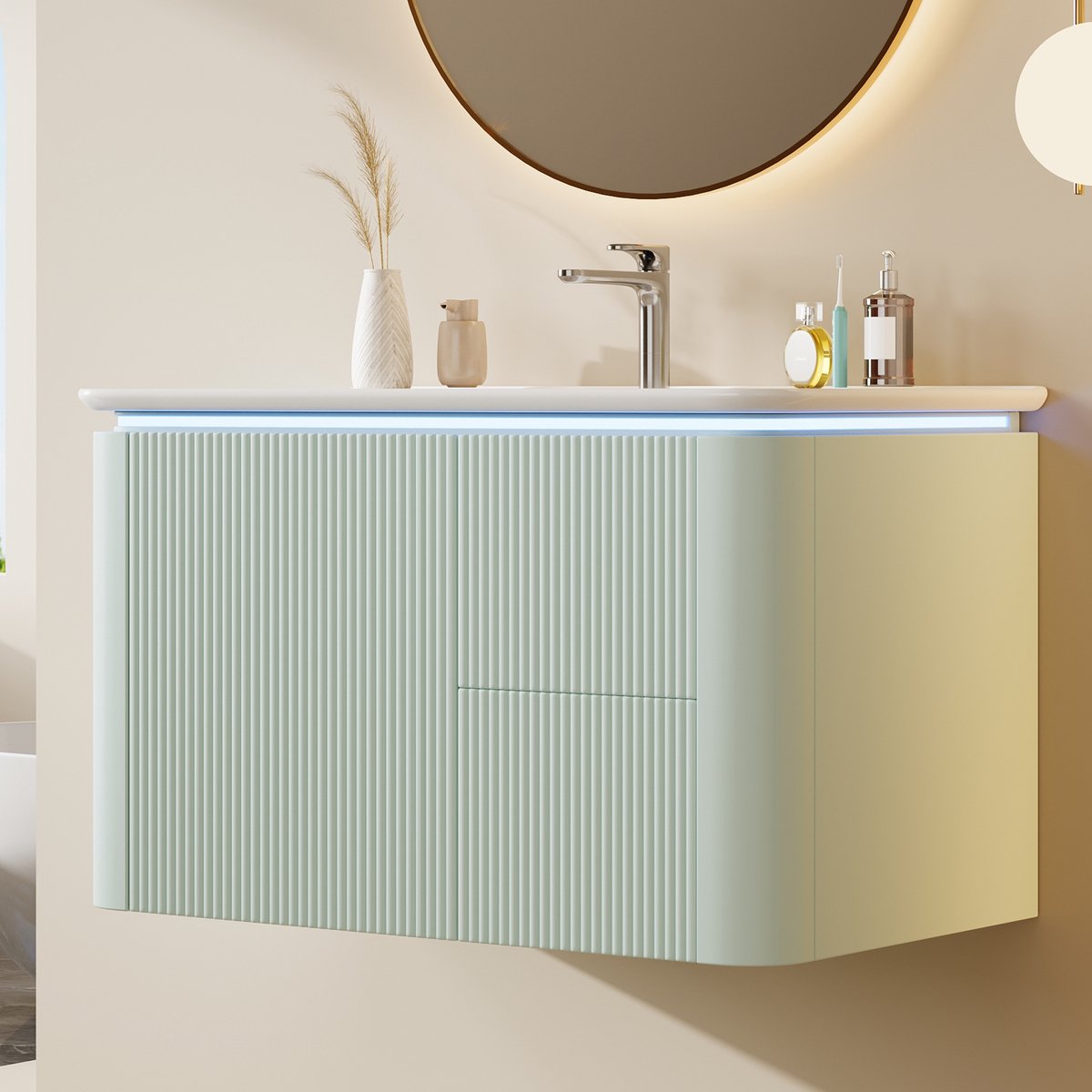 MODENUIT Wastafelonderkast - Wandhangend Met Sensor-LED En 4 Laden - Badkamer - Groen - 80,5x47,5x51 cm