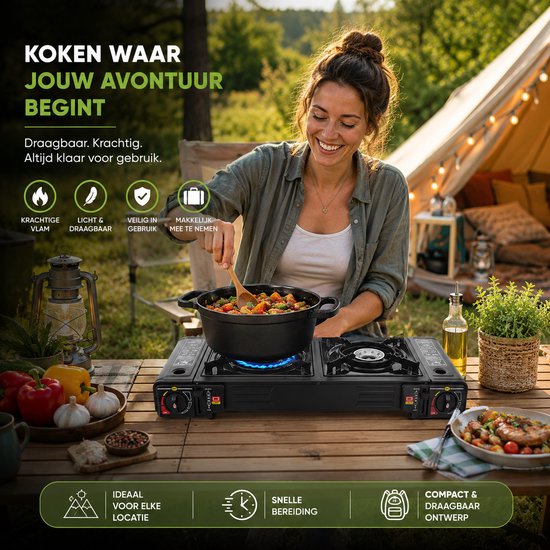HomeGoodies - Camping Gasstel - Camping Kookstel - Draagbaar Gasfornuis - 2 pits - Multifunctioneel - Inclusief Draagtas - 2500W van Homegoodies — afbeelding 4