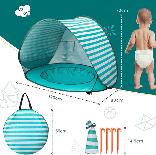 SNJY® Strandtent UV Bescherming - Strandparasol - Strandtentje Pop Up - Strandtent Baby - UPF 50+ - 80L x 120B x 70H cm - Groen — afbeelding 4