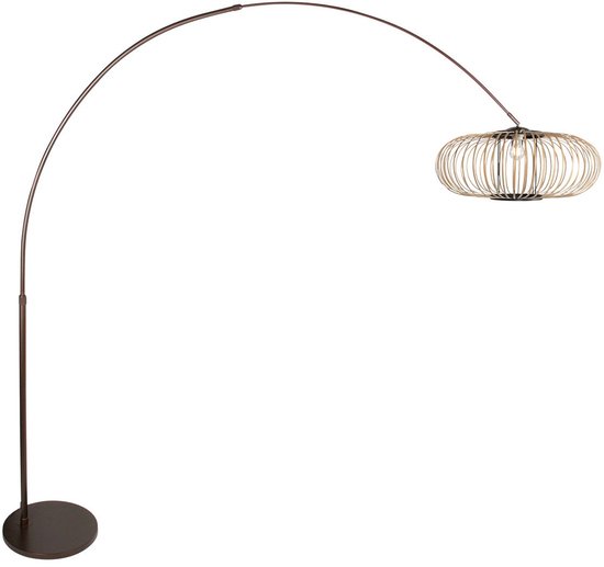 Booglamp met naturelkleurige bamboe lampenkap, donkerbruine stang en ronde voet.