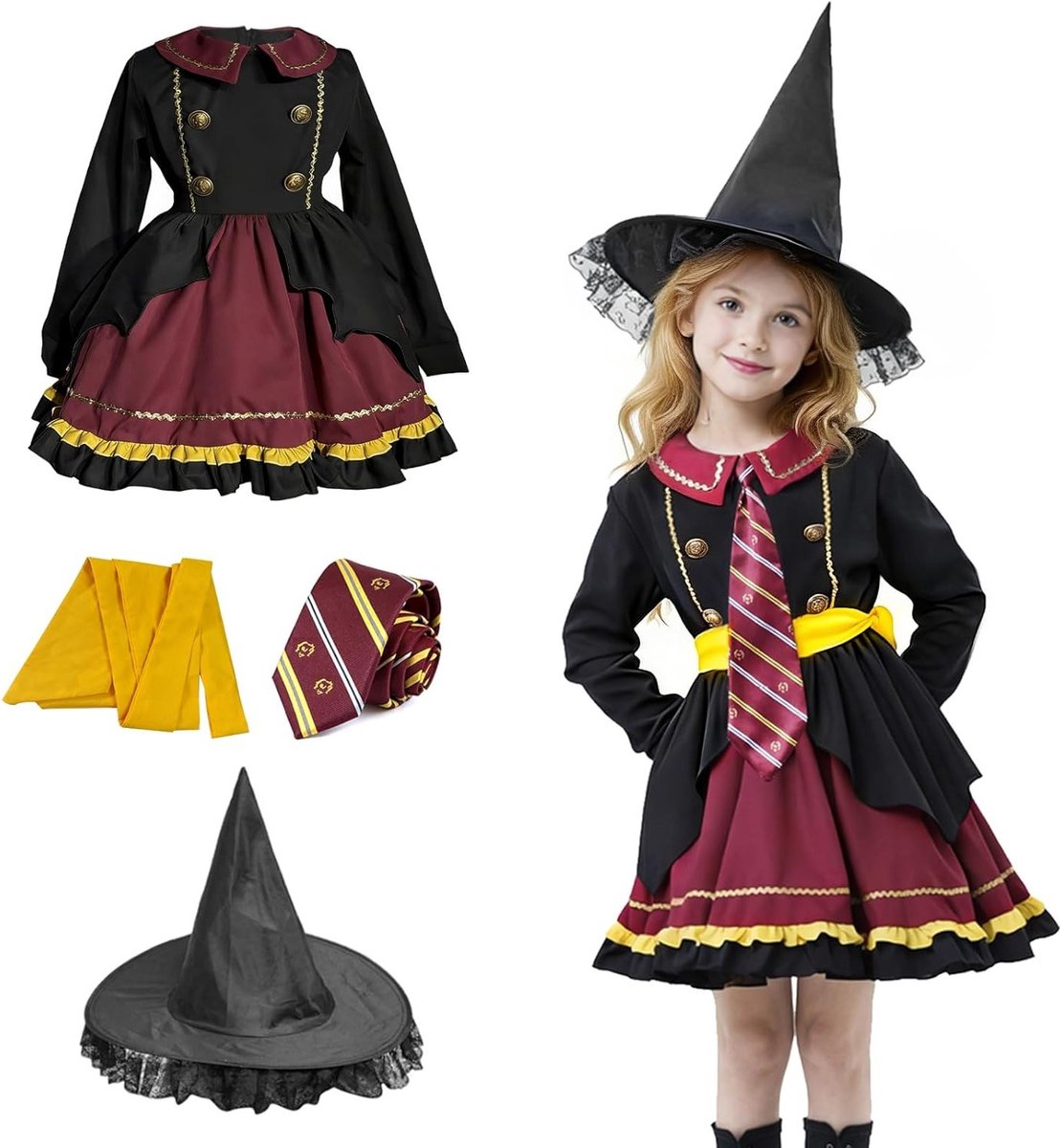 Magisch Cosplay Kostuum voor Meisjes en Vrouwen, 4-delig Tovernaar Outfit Set met Lolita Jurk, Strik, Stropdas en Ceintuur voor Feestjes en Evenementen