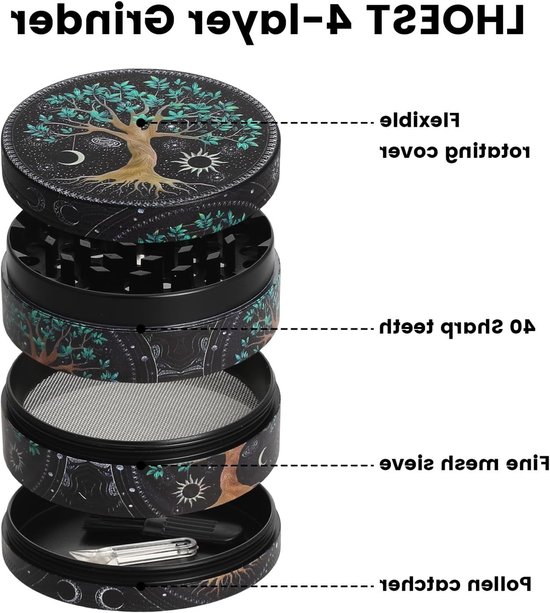Grote kruidenmolen van 63 mm met schraper en plastic borstel, 4-laags ontwerp voor kruiden en specerijen, ideaal voor het malen van pollen en kruiden. — afbeelding 2