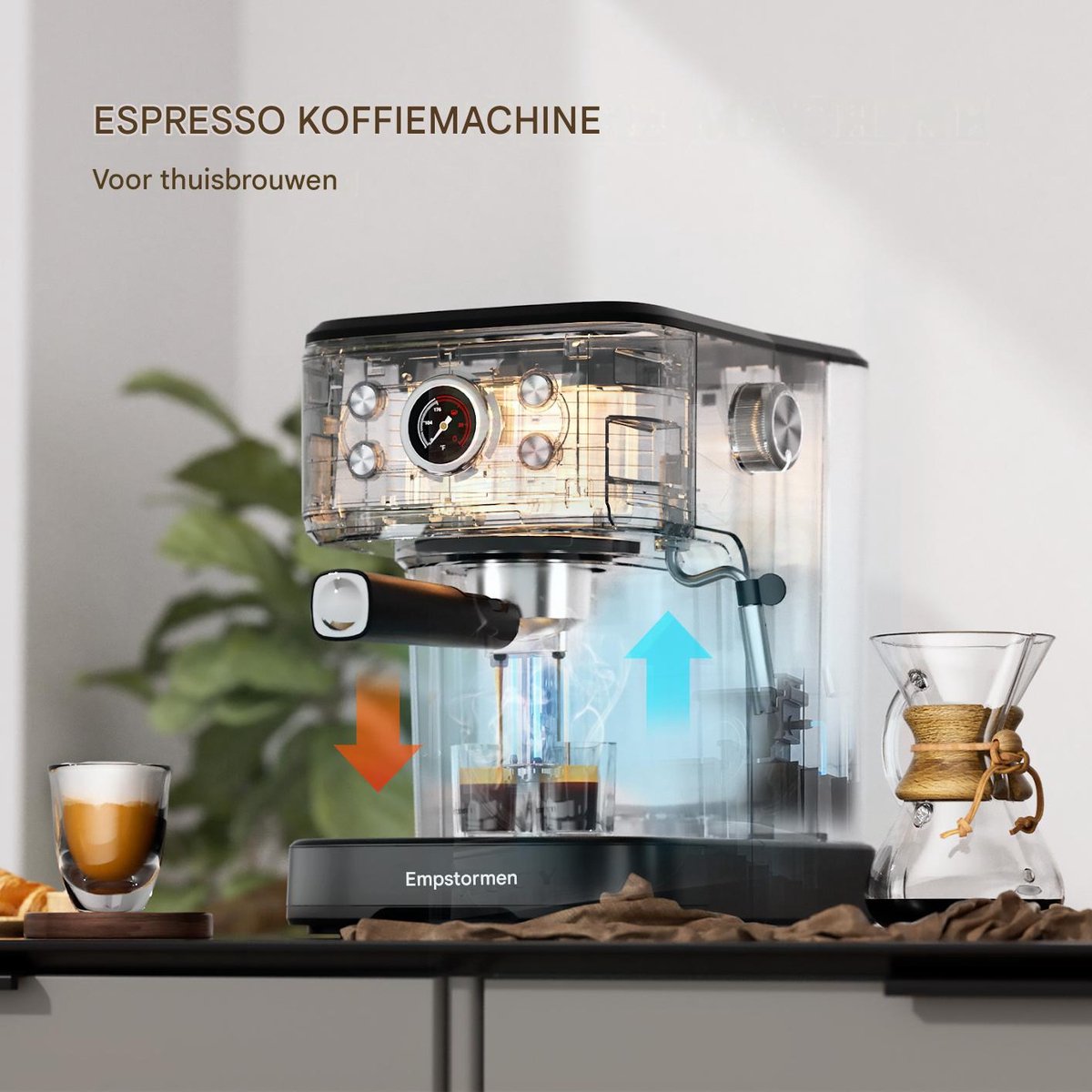 Empstorm EM‑04E Espressomachine 20Bar - 2-in-1 Capsule & Gemalen Koffie - PID Temperatuurregeling - 1,5L Watertank - RVS Filter- Warmhoudplateau - Thuis Kantoor Koffieapparaat Zwart — afbeelding 7